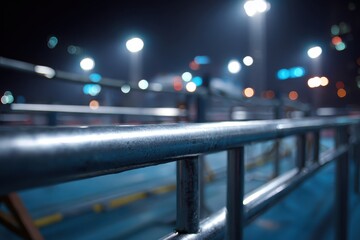Nighttime gymnastics arena featuring parallel bars and rings, illuminated for practice and performance in a vibrant urban setting
