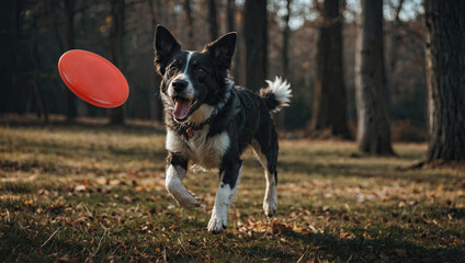 Happy border collie chasing red frisbee in autumn park. Energetic dog running after flying disc in forest. Playful black and white dog playing fetch outdoors.