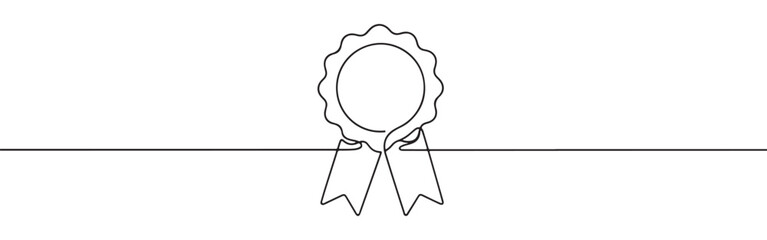 Continuous one line drawing of an award ribbon. Vector illustration of a winner badge rosette isolated on white background. Minimalist achievement concept