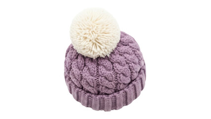 Isolated knitted wool hat with fluffy pompom for kids and adults on a neutral backdrop