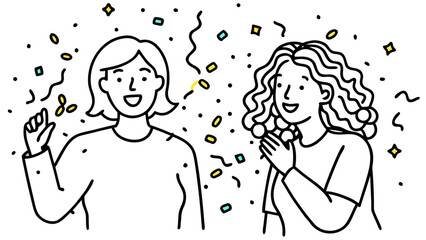 Two happy women celebrating with confetti and streamers around them