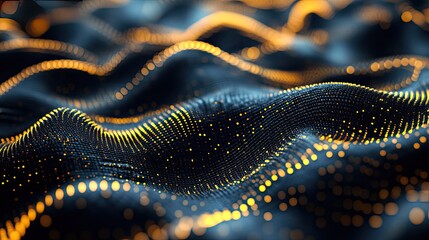 Wavy field of glowing orange dots forming a dynamic digital network, evoking flowing data, connectivity and futuristic information systems in an abstract tech visualization