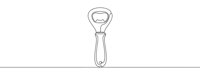 Continuous one line drawing of a bottle opener. Vector illustration of a kitchen bar tool isolated on white background. Minimalist equipment concept