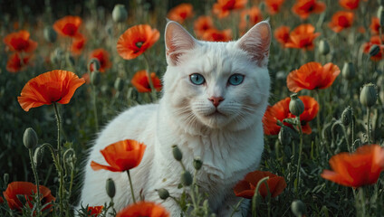 White cat with blue eyes sitting in blooming poppy field. Elegant white kitten in orange flower meadow at sunset. Cute blue‑eyed cat posing among vibrant poppies.