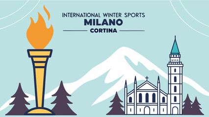International winter sports event logo with torch and mountain landscape