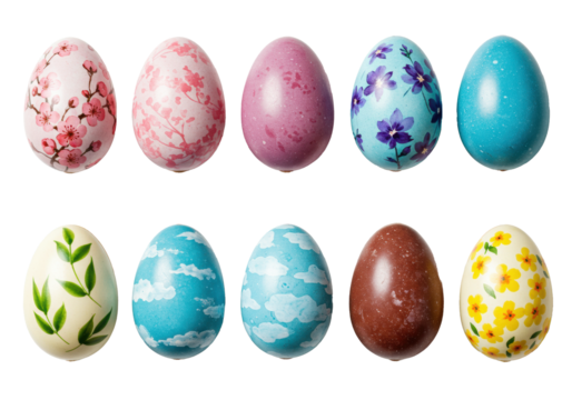 Ten distinct, intricately hand-decorated chocolate Easter eggs in two rows, vibrant pastel colors, delicate details on a transparent background, soft studio lighting. Concept of Easter holiday - Powered by Adobe