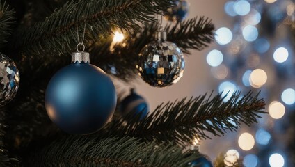 Obraz premium Festive Christmas Tree Decorations with Blue and Silver Ornaments.