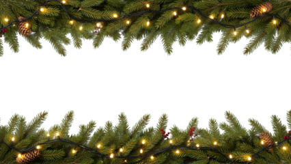 Seamless Christmas border with realistic green fir branches, pine needles, and glowing holiday light garlands. Perfect for winter greeting cards, web banners, and festive design elements. PNG format.