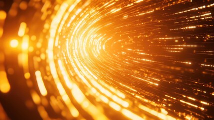 Abstract digital stream creating a curved tunnel background, showing glowing golden particles representing high speed data transfer, network connection, and futuristic information flow