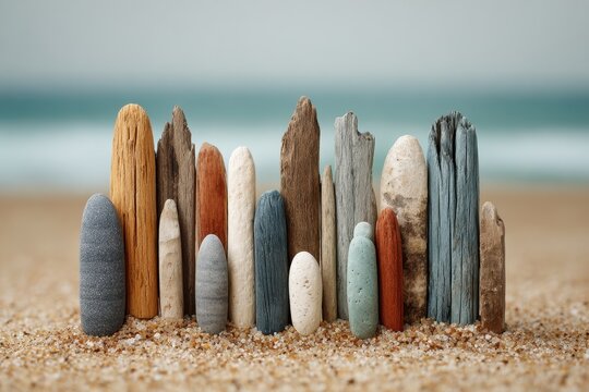 Close up of weathered driftwood pieces on a sandy beach
