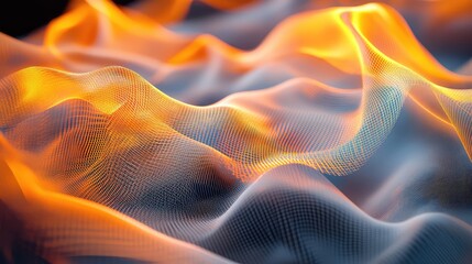 Abstract network grid displaying glowing orange and blue waves, representing data visualization, technology concepts, digital connections, and energetic patterns in an interconnected digital space
