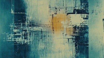 Abstract composition of distressed textures, geometric lines and fragmented blue and yellow shapes suggesting a modern digital network, urban architecture, and layered data