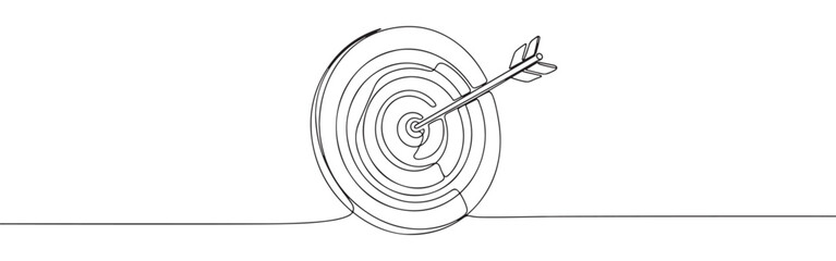 Continuous one line drawing of an arrow hitting a target. Vector illustration of bullseye goal success isolated on white background. Minimalist business concept