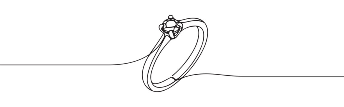 Continuous one line drawing of a diamond ring. Vector illustration of wedding or engagement jewelry isolated on white background. Minimalist love concept