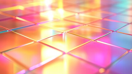 Reflective square grid generating vibrant iridescent light and gradients, displaying futuristic geometric pattern and digital technology concept with soft focus
