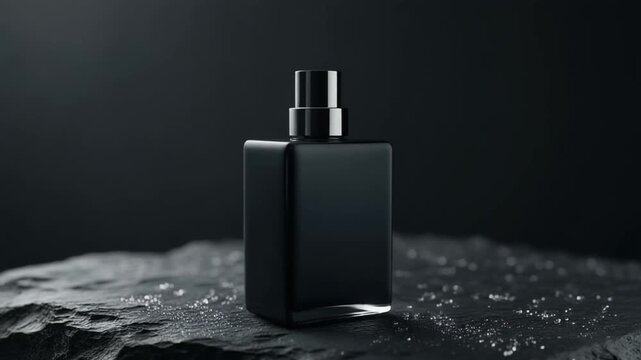 Minimalist black perfume bottle resting on a dark natural stone with subtle glistening specks.