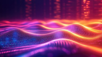 Digital particles forming glowing, undulating waves create an abstract technological background, visualizing data flow, sound frequencies, and dynamic network connections in vibrant neon colors