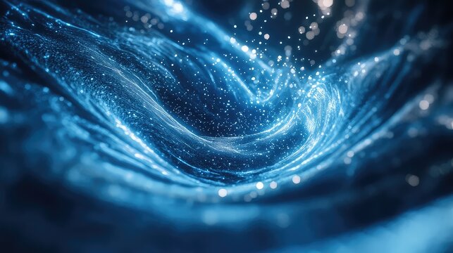Abstract digital wave of glowing blue particles and lines forming an intricate network, representing data, technology, or energy flow in a dynamic visual - Powered by Adobe
