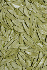 A close-up vertical shot features a dense, uniform background texture made of green, leaf-shaped pasta pieces