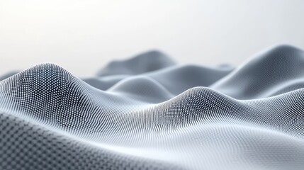 Abstract digital waveform landscape comprising small white dots on a dark background, representing data flow, sound waves, or intricate network connections in a futuristic design