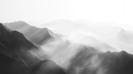 Vast mountain range featuring rugged terrain and deep valleys, creating a dramatic black and white landscape enveloped in swirling atmospheric fog and presenting a serene, minimalist view