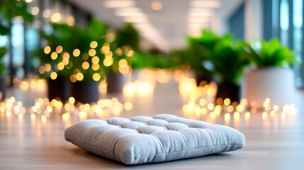Office Zen Space, break, Serene Meditation Space in Office Break Room with Soft Fairy Lights in Distance