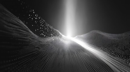 Abstract technology background showing dynamic particles and glowing waves streaming across a dark surface, visualizing data flow, networks, ai and futuristic interconnected systems