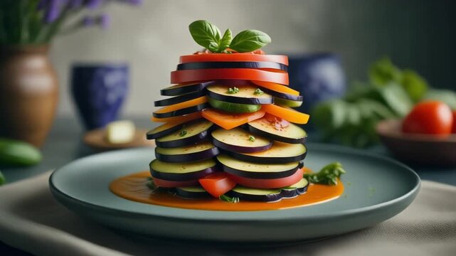 A gourmet french ratatouille with stacked vegetable dish featuring eggplant, tomato, and zucchini on a plate
