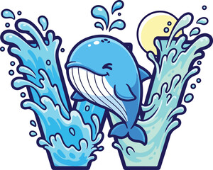 Happy Cartoon Whale Water Splash Letter W