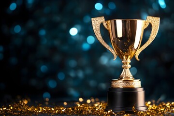 Golden trophy with confetti and bokeh background award