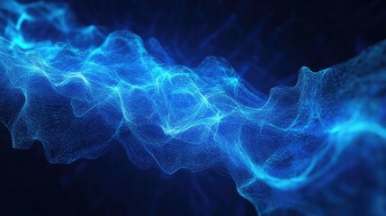 Glowing blue particles form a dynamic, interconnected abstract network, evoking concepts of data flow, digital communication, and advanced technology on a dark background