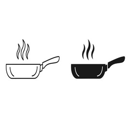 Simple black and white illustration depicting two frying pans with rising steam showcasing different styles