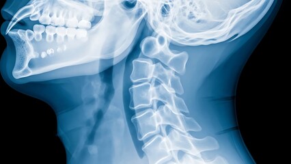Xray Image of Human Skull and Spine on Transparent Background