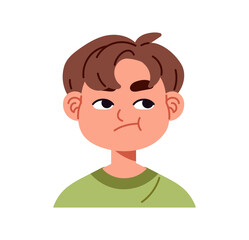 Little boy is fed up and rolls his eyes. Avatar of bored kid with annoyed facial expression. Portrait of child with dissatisfied emotions on face. Flat isolated vector illustration on white background