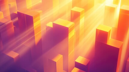 Abstract 3d blocks form a stylized digital city with warm orange and yellow light rays cutting through geometric forms, suggesting futuristic technology, growth, and urban progress