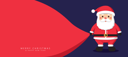 A brightly colored Christmas greeting card featuring Santa Claus with a large bag delivering gifts in a snowy landscape. Merry Christmas and Happy New Year message. Seasonal Christmas poster with colo