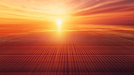 Glowing digital grid surface converging towards the bright sun at the horizon under an expressive sunset sky, representing concepts of future technology, global connection, and data networks