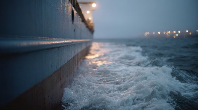 Storm-lashed ship at twilight, waves whispering maritime secrets, embodying Nautical Twilight Festival and Ocean Voyage celebrations