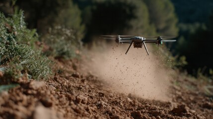 Flying drone stirs tempest of earth, echoing robotic planting rituals, Techvention Day, or futuristic agritech celebration