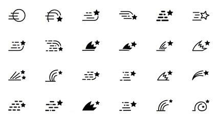 A collection of black and white line art icons depicting various shooting stars and fast-moving celestial objects.