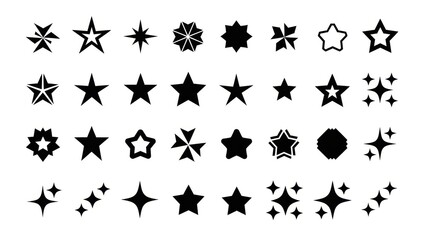 A collection of various star shapes and sparkle icons in black and white.