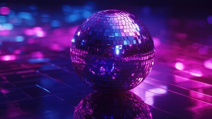 Disco ball reflecting neon blue and pink light across a glossy surface, casting vibrant bokeh and glittering reflections to evoke club night energy, dance, and celebration