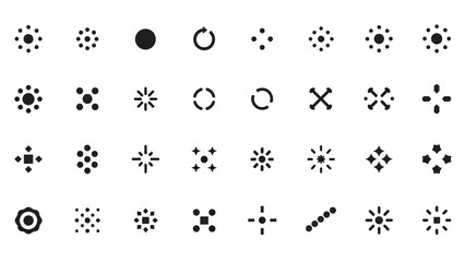 A grid of various small black and white abstract geometric icons, including loading spinners, target symbols, and decorative starburst patterns.