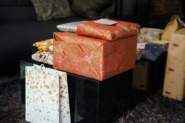 Pile of Christmas gifts closeup