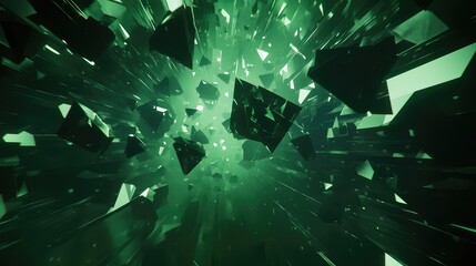 Abstract shattered dark green geometric fragments flying quickly through an illuminated tunnel, creating a dynamic background representing data, digital concepts, or energetic disruption
