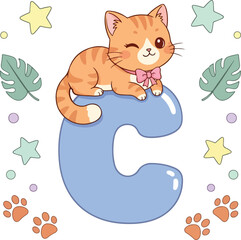 Kawaii Orange Kitten on Blue Letter C