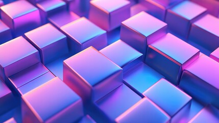 Metallic cubes form a dynamic geometric grid with holographic gradients and neon pink blue reflections on glossy surfaces, evoking futuristic digital networks and innovation