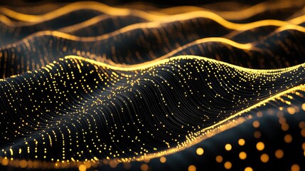 Digital wave pattern featuring glowing yellow particles connected by dark lines, symbolizing data flow, network communication, and abstract technology movement across a dark background