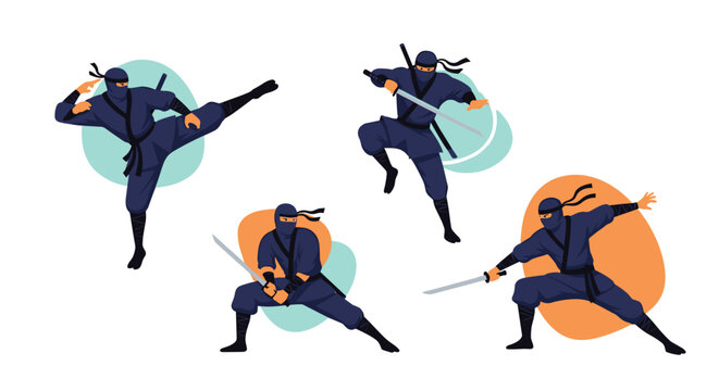 Ninjas in dynamic combat poses perform swift sword actions across a stylized illustration showing high kicks leaps and crouching stances.