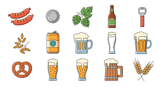 Colorful collection of beer items and snacks including sausages pretzels hops barley malt and various bottles glasses mugs and openers